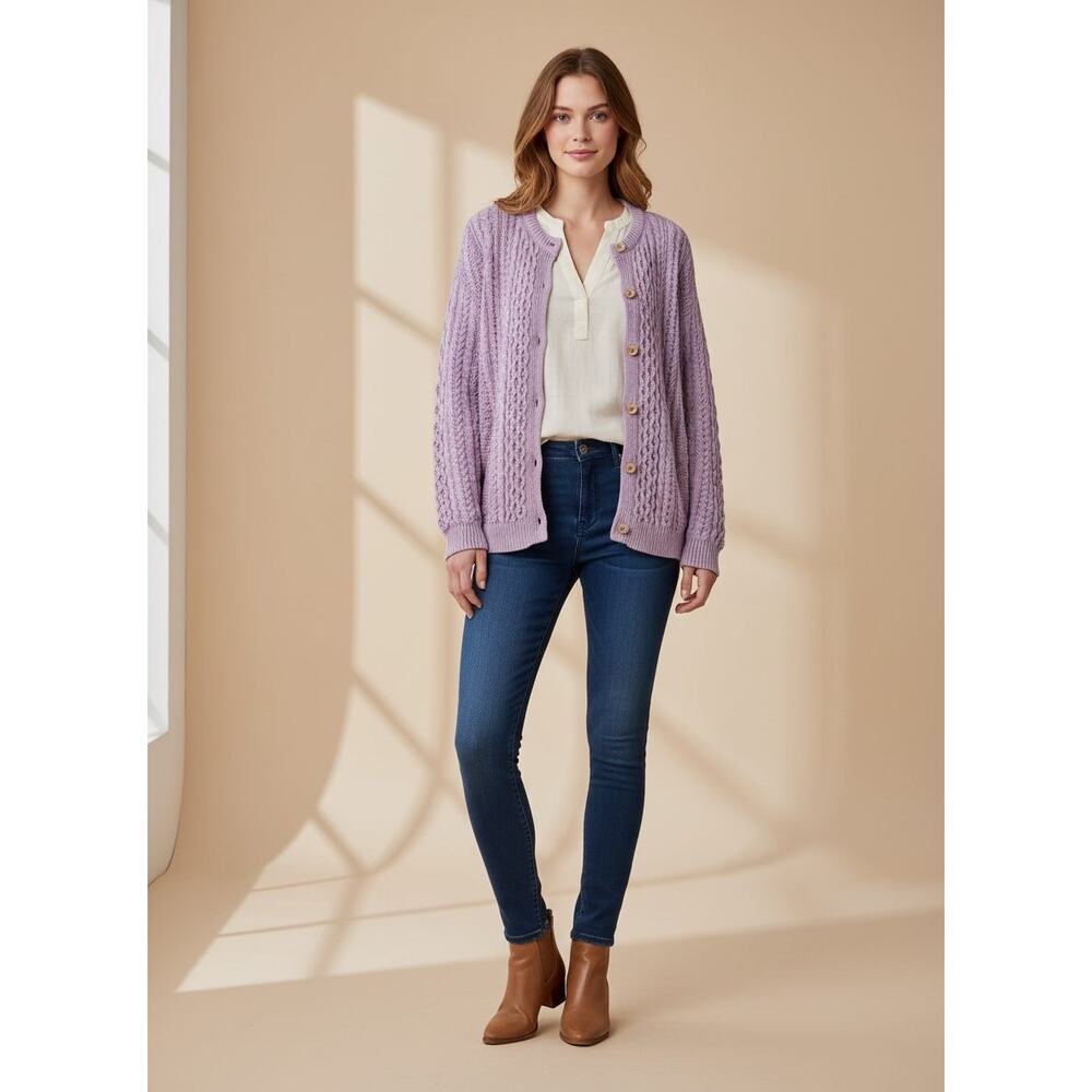 Aran Woollen Mills Women's Cotton Irish Cable Knit Cotton Button Cardigan 2XL